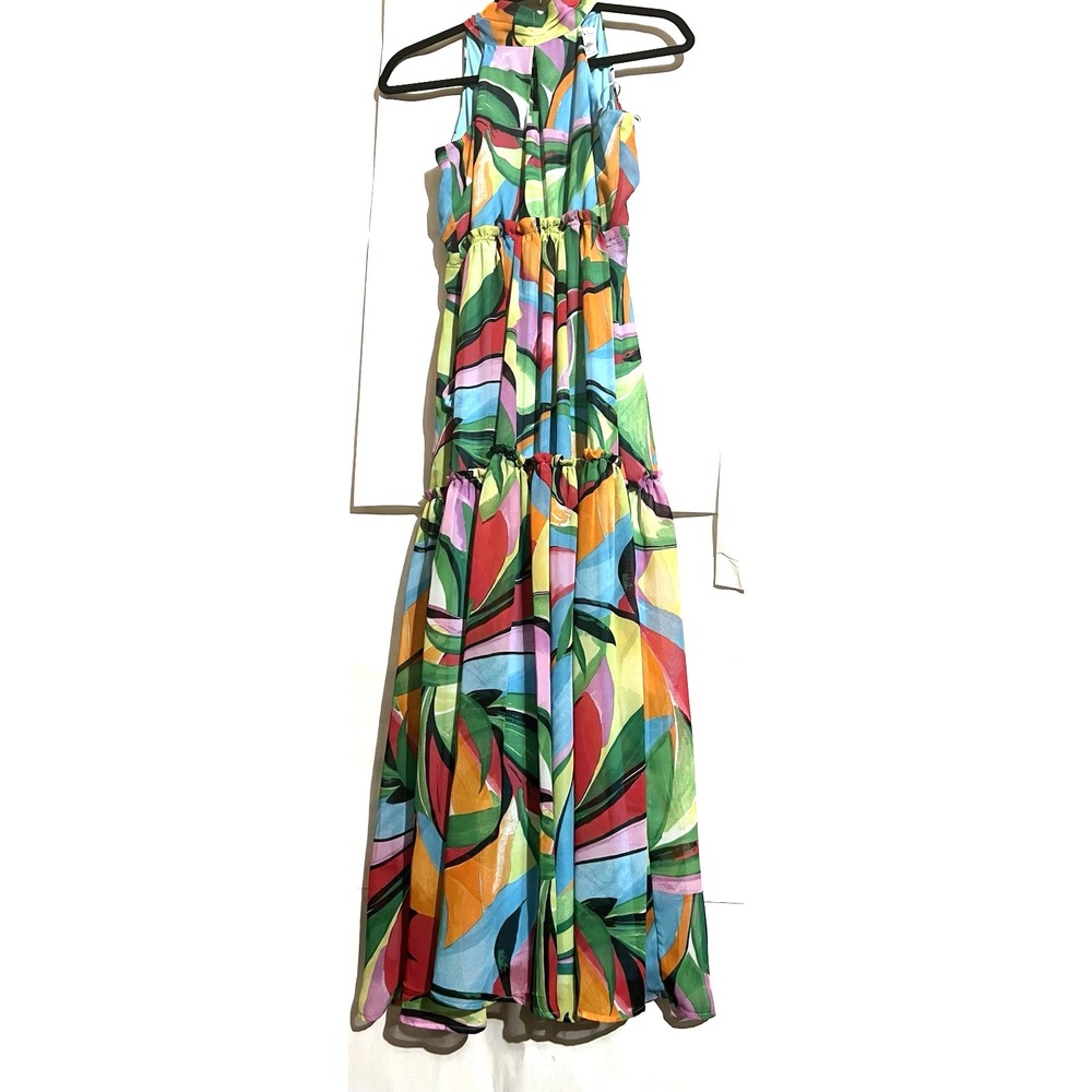 NICOLE MILLER Y2K geometric Maxi Scarf Dress XS tiered babydoll - Picture 2 of 10
